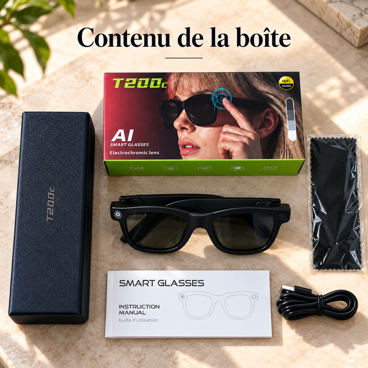 Contenu de la boîte des lunettes IA PRISM T200C : lunettes électrochromiques noires, étui de protection, chiffon de nettoyage, câble de recharge USB-C, notice d’utilisation et emballage d’origine.