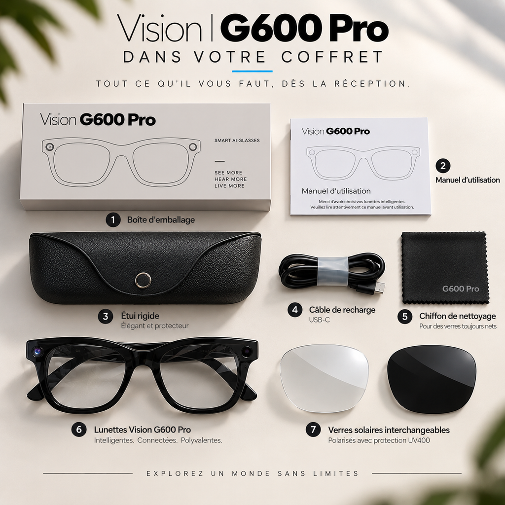 Présentation des lunettes IA Vision G600 Pro et des accessoires fournis dans le coffret