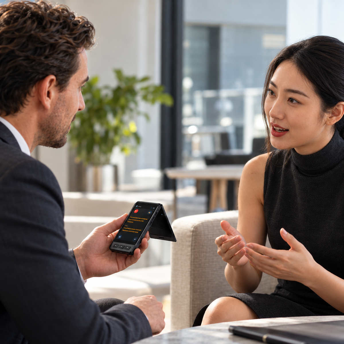 Traducteur vocal M90 Pro utilisé lors d'un échange professionnel en face à face avec traduction instantanée