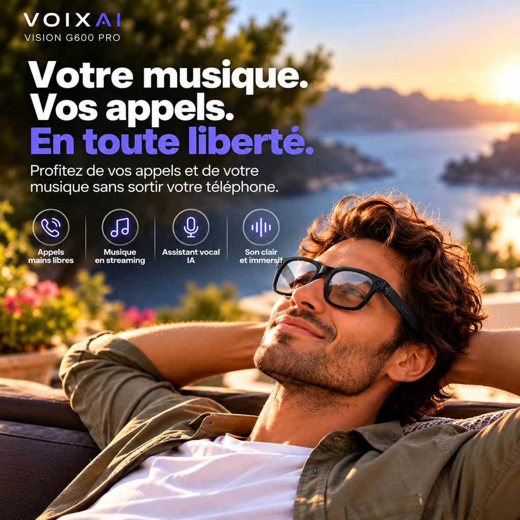 Homme portant les lunettes Vision G600 Pro et profitant de la musique grâce au système audio ouvert