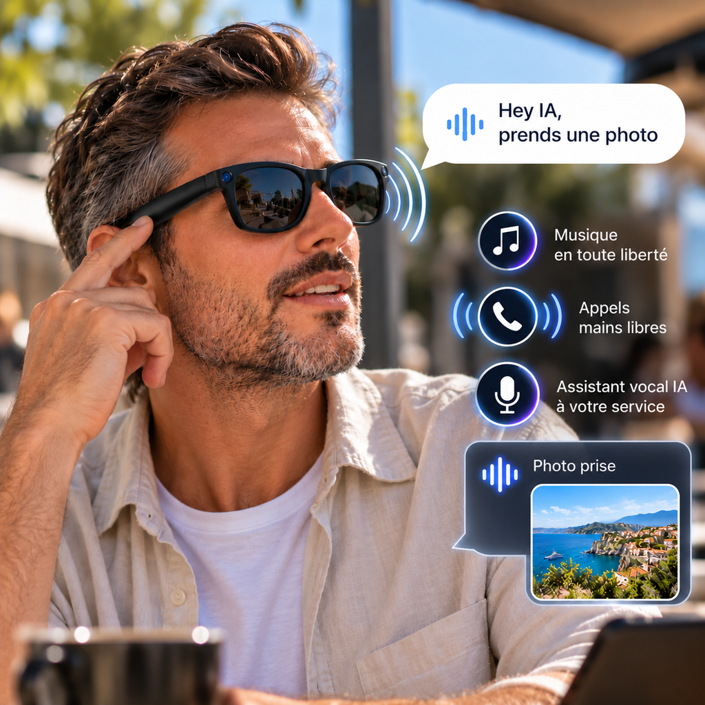 Homme utilisant les lunettes connectées PRISM T200C avec audio intégré, appels mains libres et assistant vocal IA