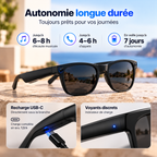 Lunettes intelligentes PRISM T200C noires avec présentation de la batterie, de l'autonomie et du système de recharge