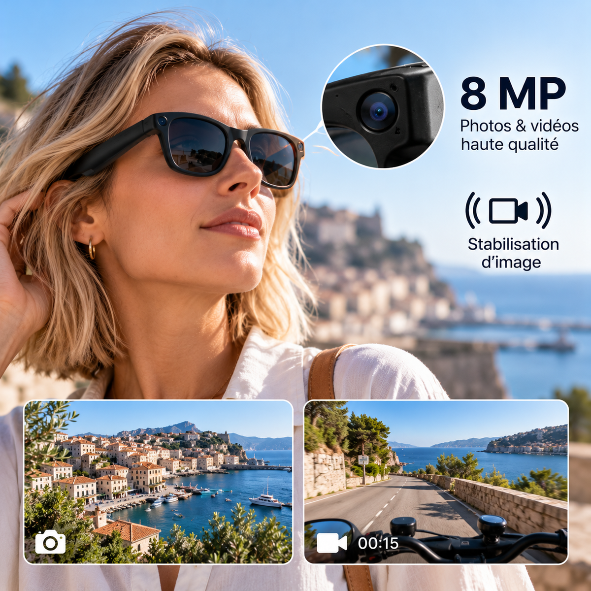 Femme portant des lunettes IA PRISM T200C avec caméra 8 MP et stabilisation d'image