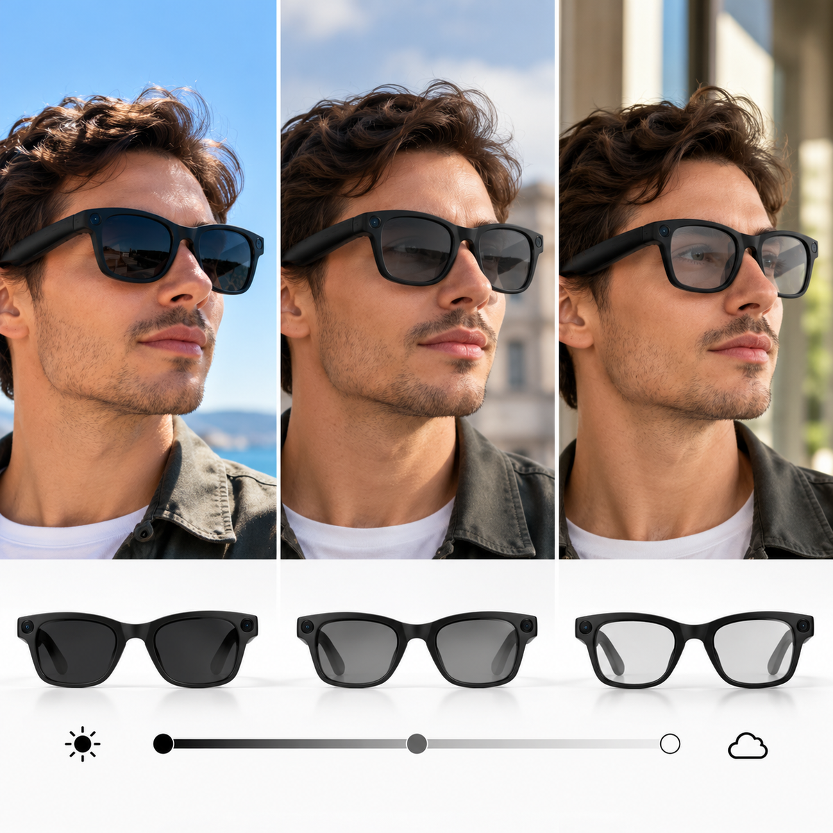 Comparaison des trois teintes de verres électrochromiques des lunettes IA PRISM T200C