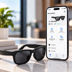 Lunettes connectées MT5 Ultra présentées à côté d'un smartphone affichant leur application