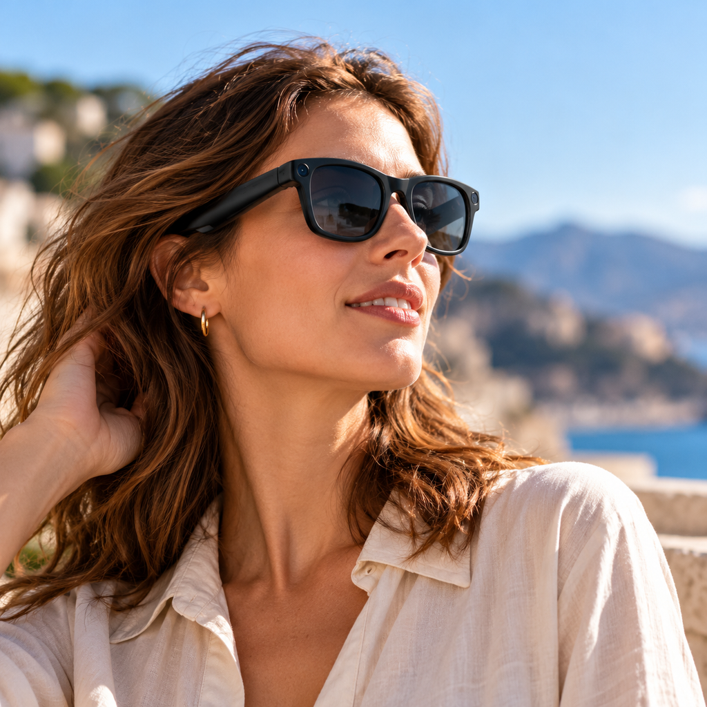 Femme portant des lunettes connectées noires PRISM T200C lors d'une journée ensoleillée