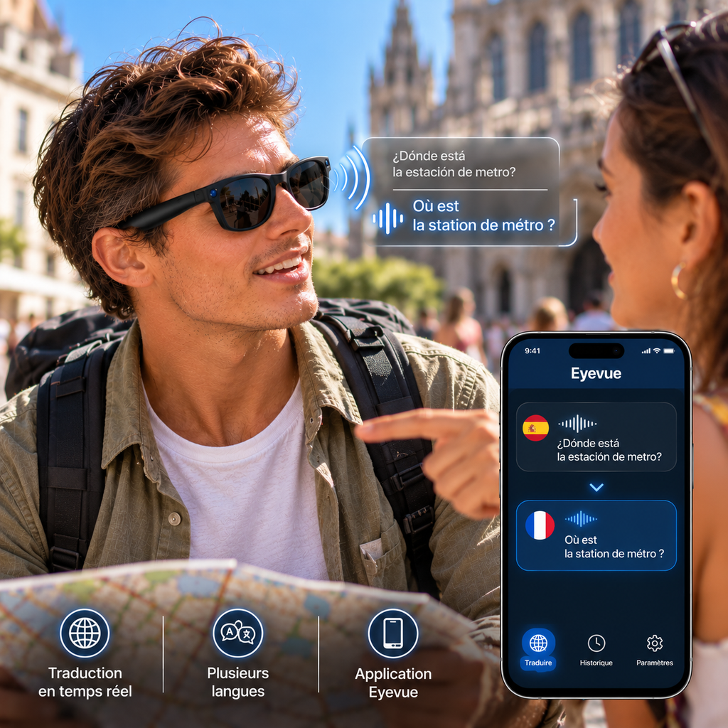 Jeune voyageur utilisant les lunettes PRISM T200C et l'application Eyevue pour traduire une conversation espagnole en français