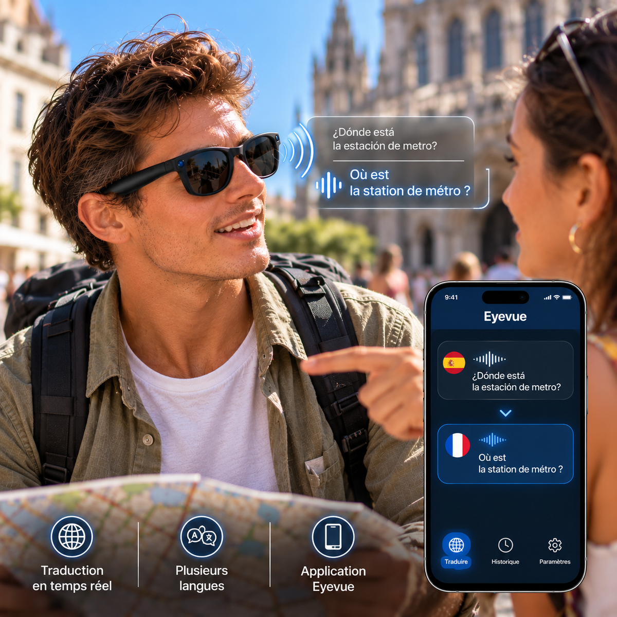 Jeune voyageur utilisant les lunettes PRISM T200C et l'application Eyevue pour traduire une conversation espagnole en français