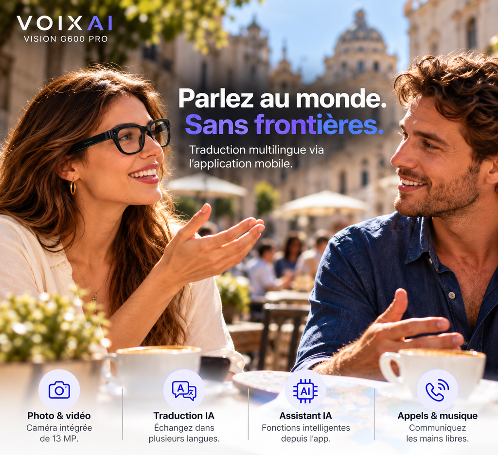 Femme portant les lunettes Vision G600 Pro pendant une conversation, présentation de la traduction IA