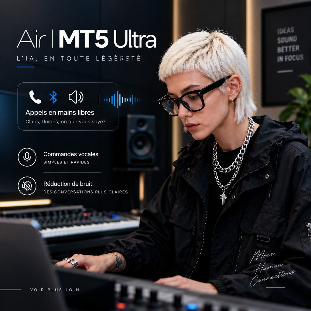 Musicien au clavier portant les lunettes MT5 Ultra avec présentation des fonctions audio