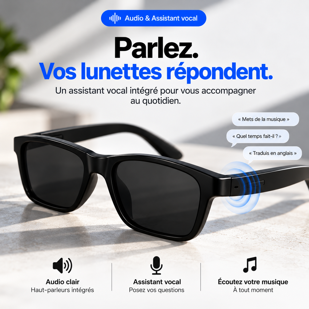 Lunettes connectées G60 Flex noires avec haut-parleurs intégrés, assistant vocal et commandes audio.