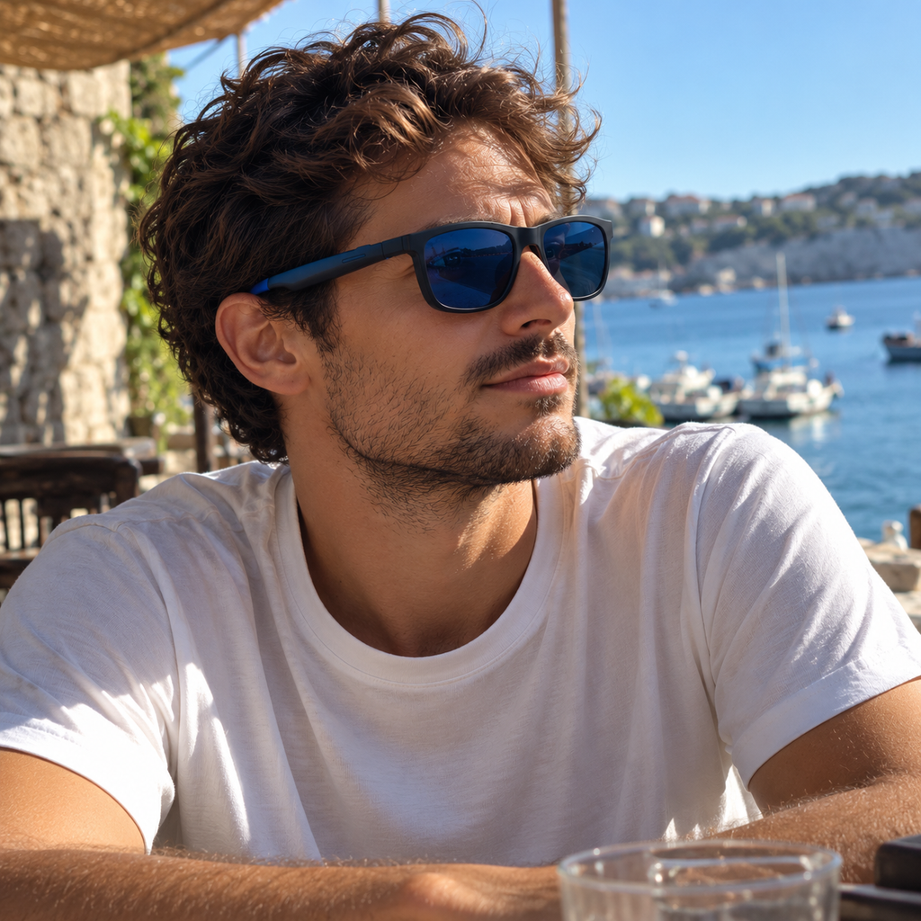 Jeune homme portant des lunettes connectées G60 Flex aux verres bleus dans un environnement extérieur.