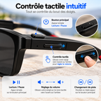 Gros plan sur la branche des lunettes G60 Flex montrant le bouton supérieur et la commande tactile latérale pour régler le volume.