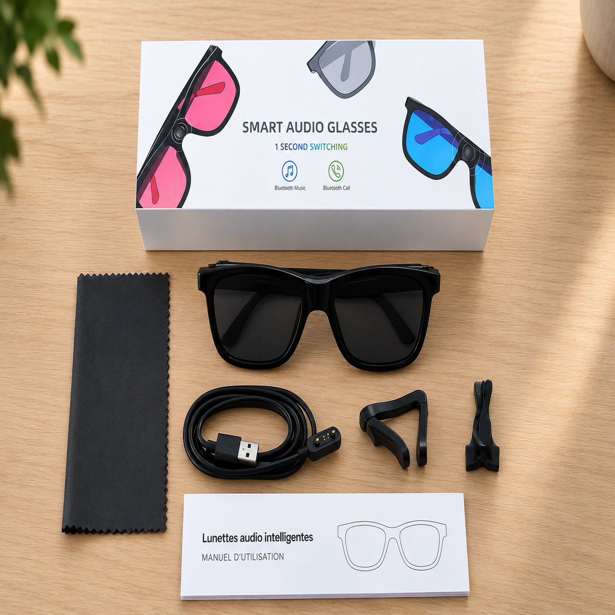 Contenu du coffret G60 Flex avec lunettes connectées, câble de recharge, chiffon de nettoyage, accessoires et manuel d'utilisation.