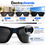 Lunettes G60 Flex illustrant trois niveaux de teinte des verres, du clair au foncé, avec capteur infrarouge intégré au pont central.
