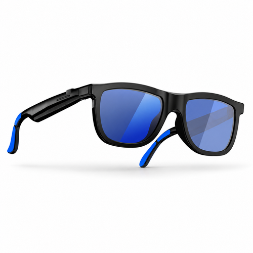 Lunettes connectées G60 Flex noires avec verres bleus, vue de trois quarts sur fond blanc.