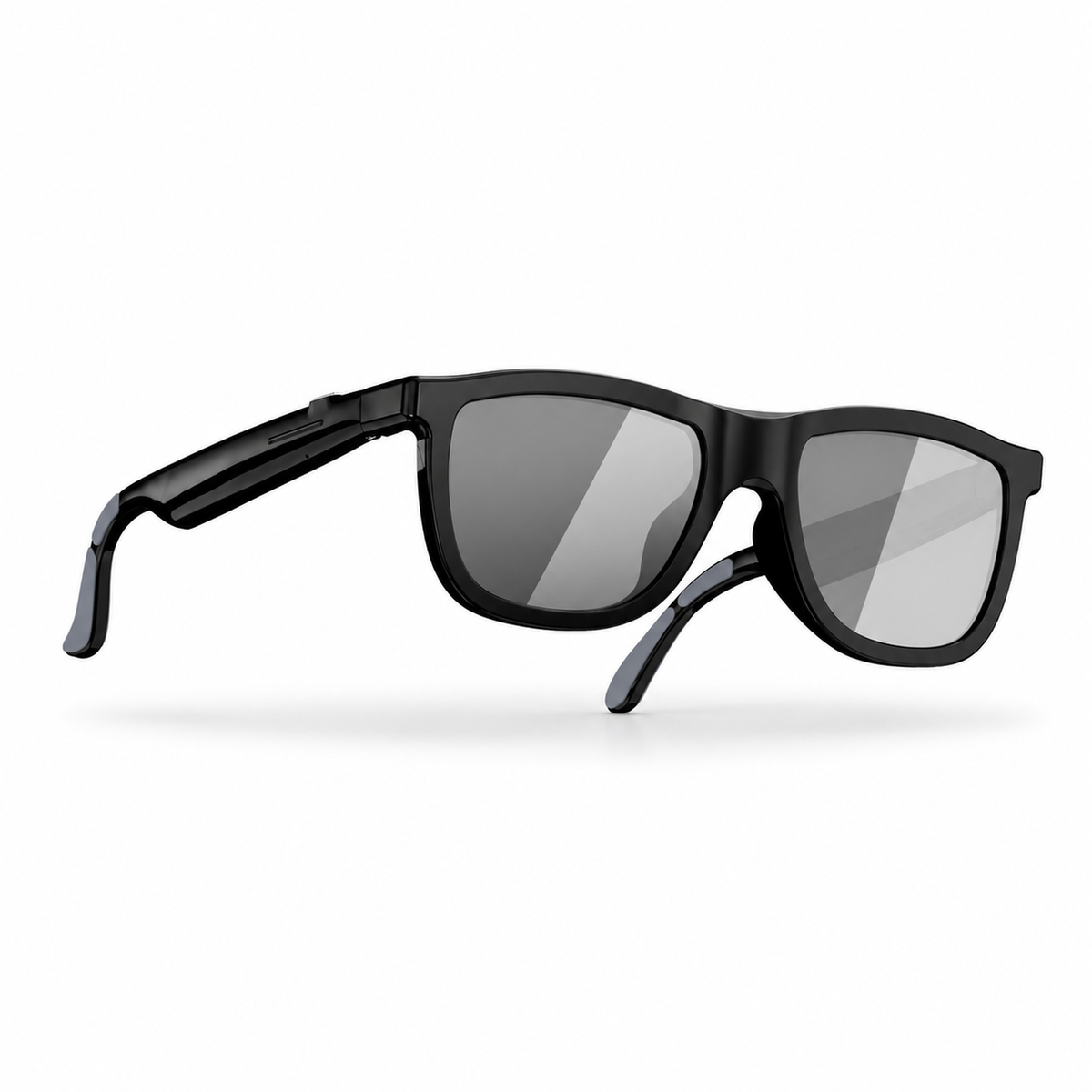 Lunettes connectées G60 Flex noires avec verres gris, vue de trois quarts sur fond blanc.