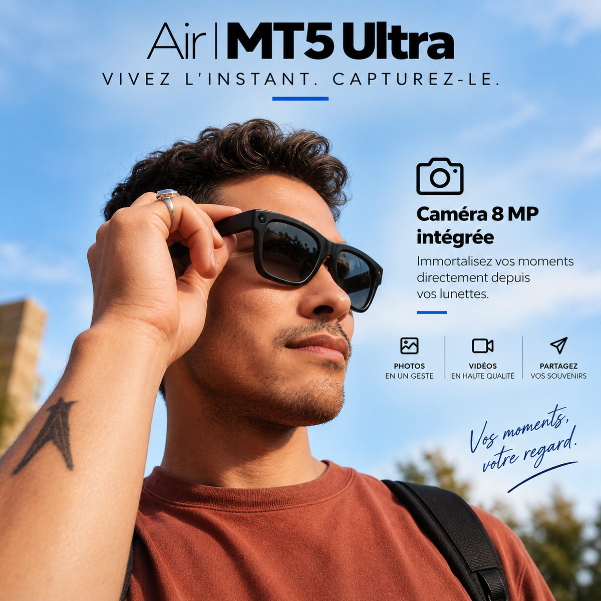 Lunettes IA Air MT5 Ultra avec caméra 8 MP intégrée pour photos et vidéos