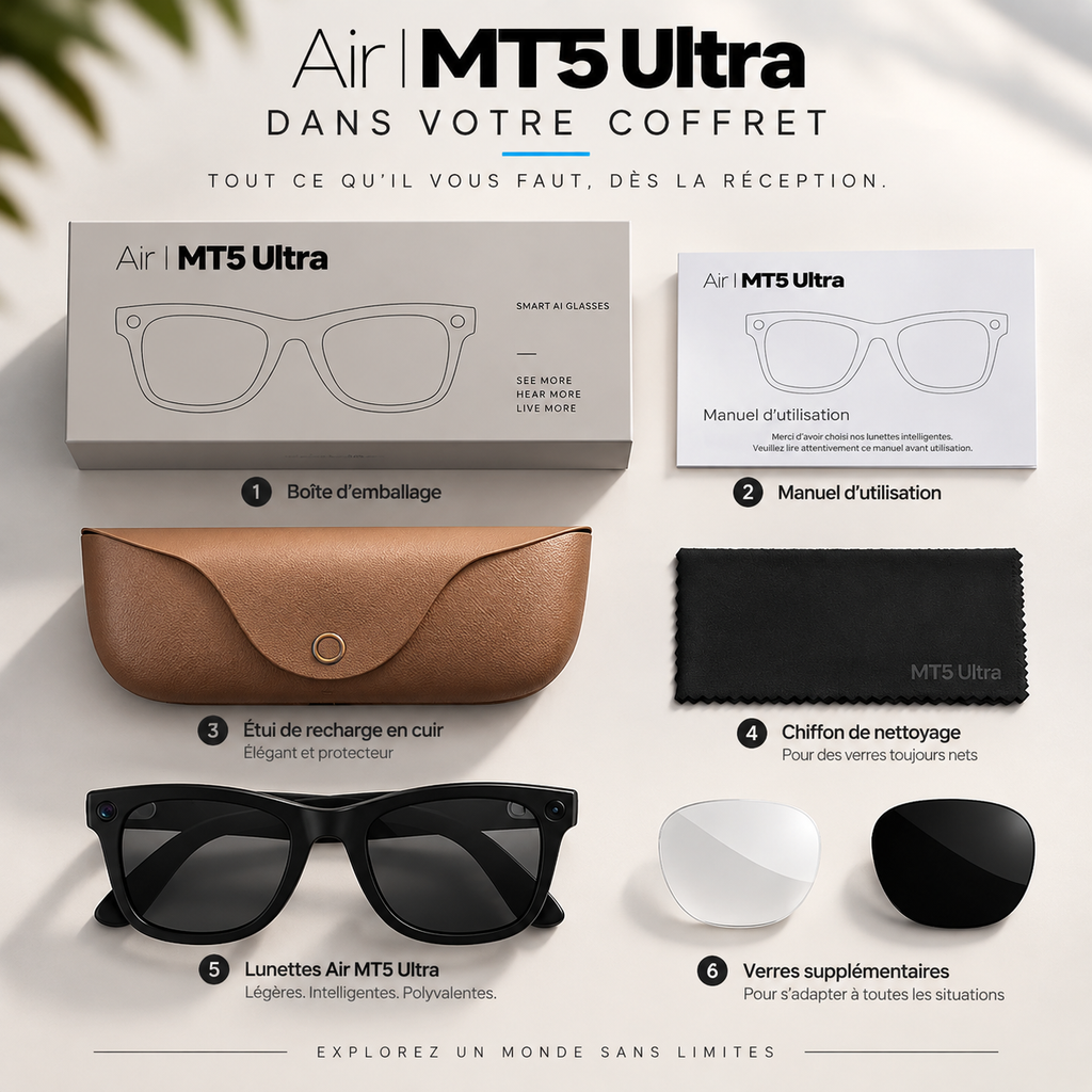 Contenu du coffret des lunettes IA Air MT5 Ultra avec étui de charge et accessoires