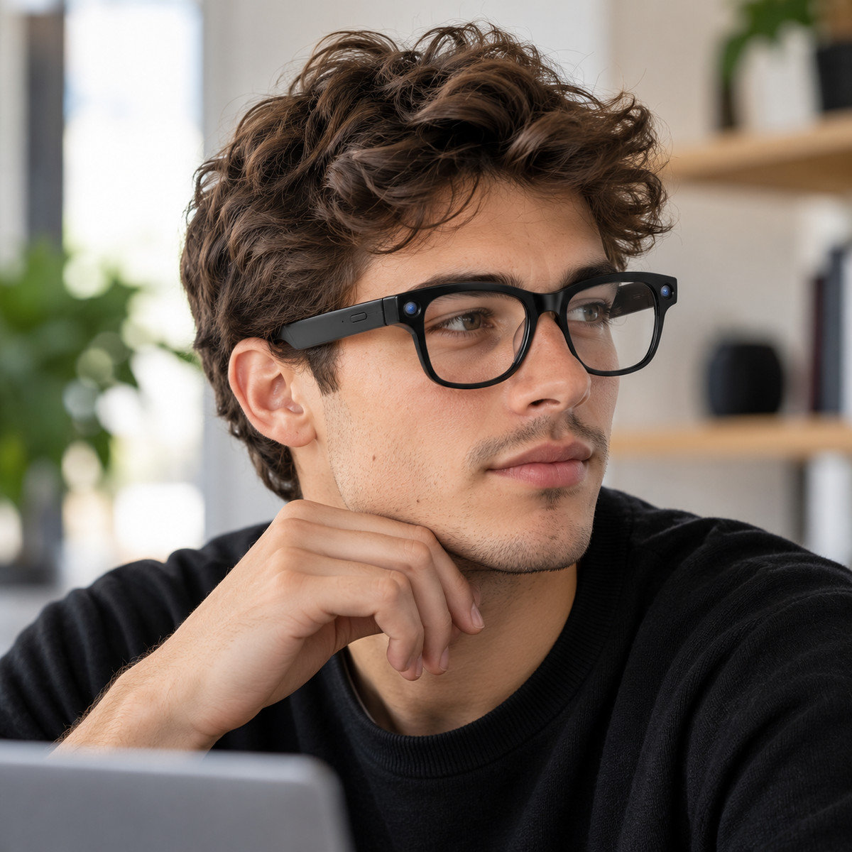 Jeune homme portant les lunettes intelligentes NOVA M02 Ultra dans un environnement de travail