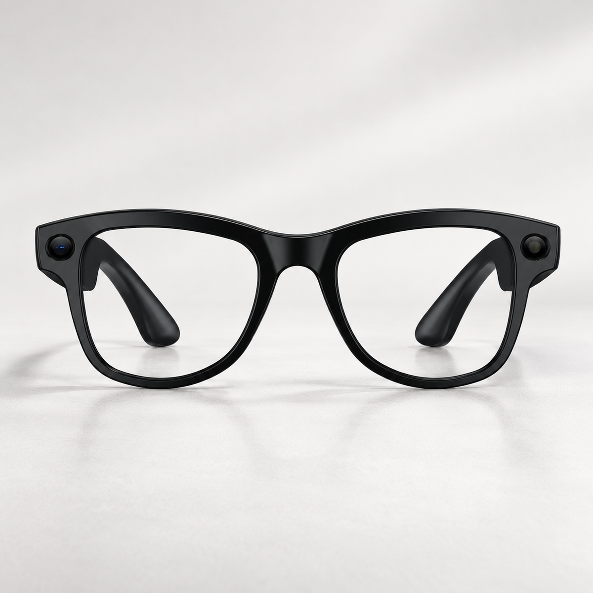 Lunettes IA NOVA M02 Ultra noires avec caméra intégrée et verres transparents, vue de trois face