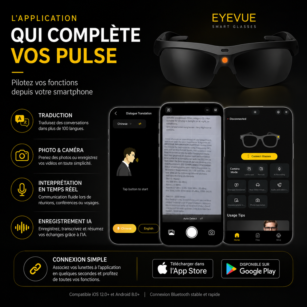 Application EYEVUE des lunettes IA Pulse avec traduction et fonctions connectées