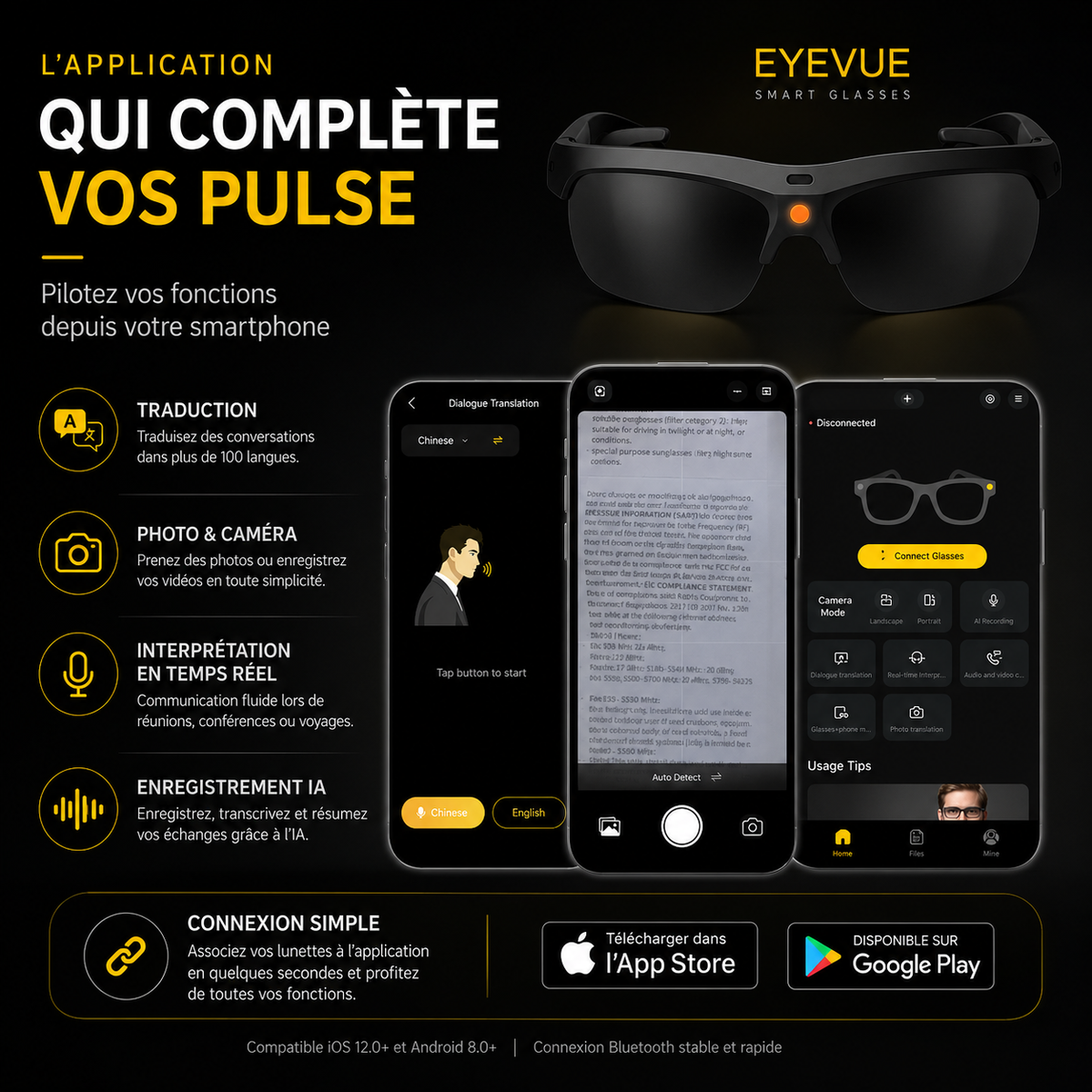 Application EYEVUE des lunettes IA Pulse avec traduction et fonctions connectées