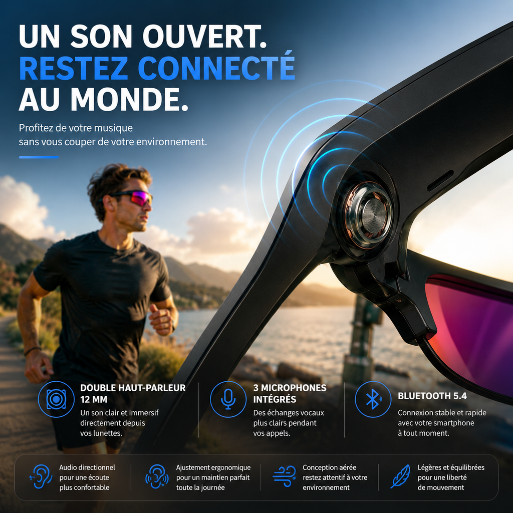 Lunettes IA Pulse avec audio ouvert, double haut-parleur et Bluetooth 5.4