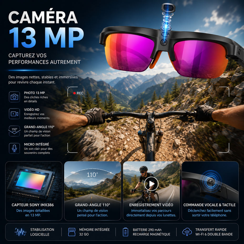 Lunettes IA Pulse avec caméra Sony 13 MP pour photo et vidéo sport