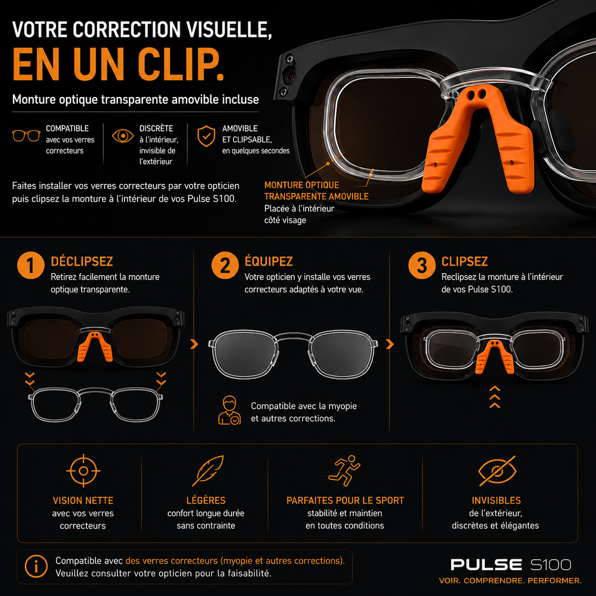 Lunettes IA Pulse S100 avec monture optique amovible et clipsable pour verres correcteurs