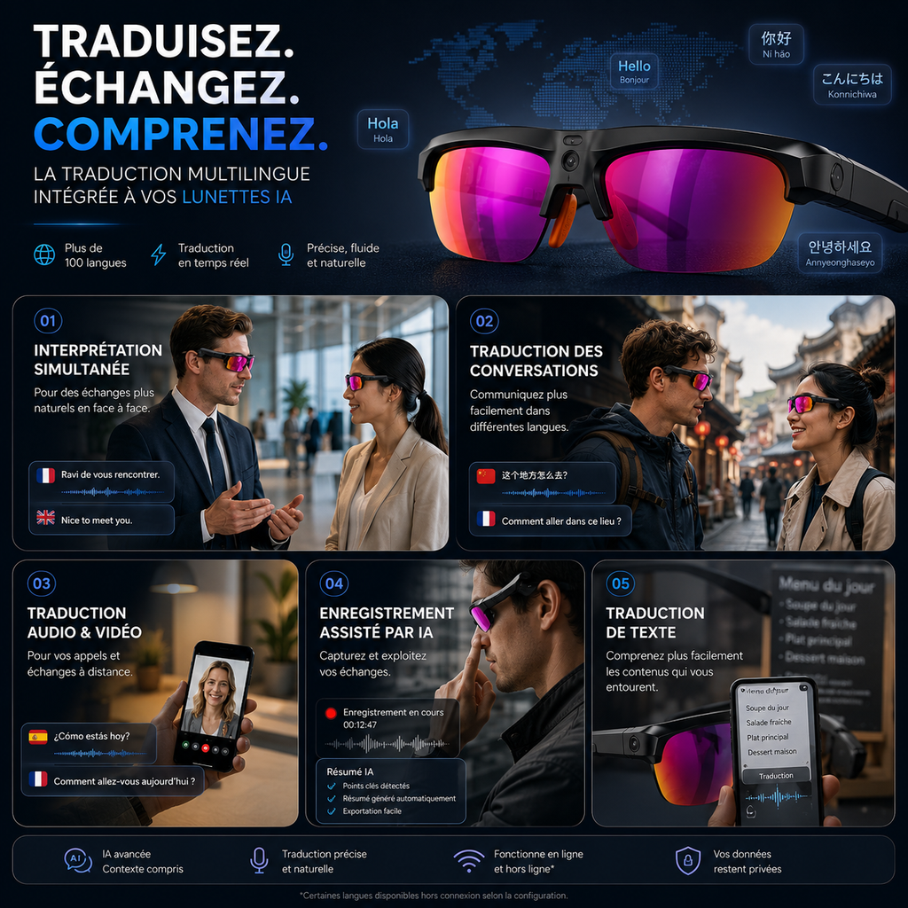 Lunettes traductrices IA Pulse avec traduction multilingue et interprétation simultanée