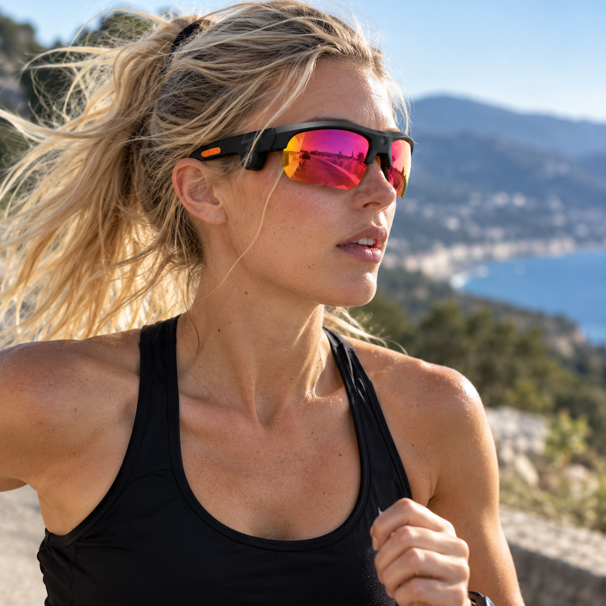 Sportive blonde portant les lunettes IA Pulse S100 pendant une séance de running