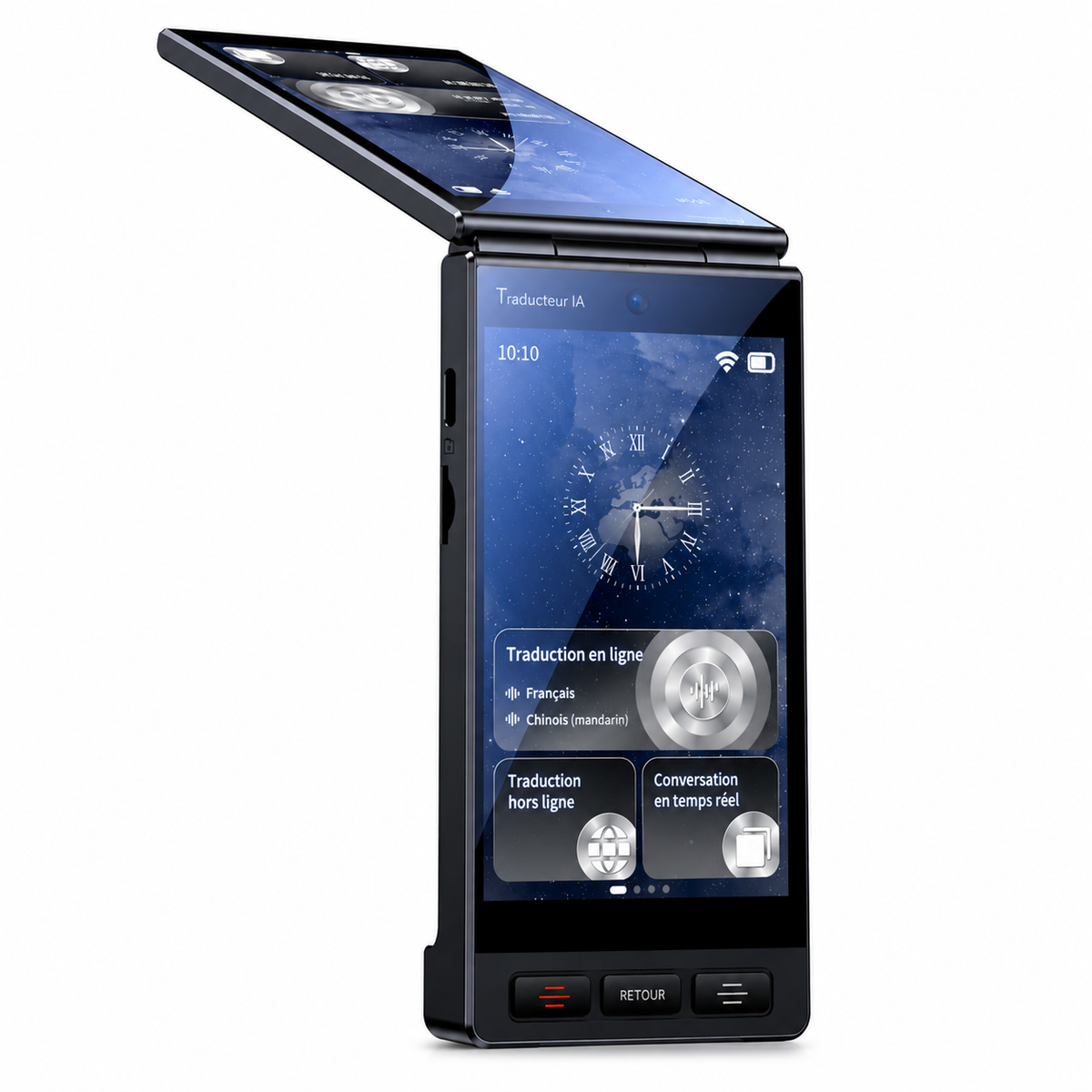 Traducteur IA M90 Pro noir déplié avec deux écrans orientables pour faciliter les conversations bilingues
