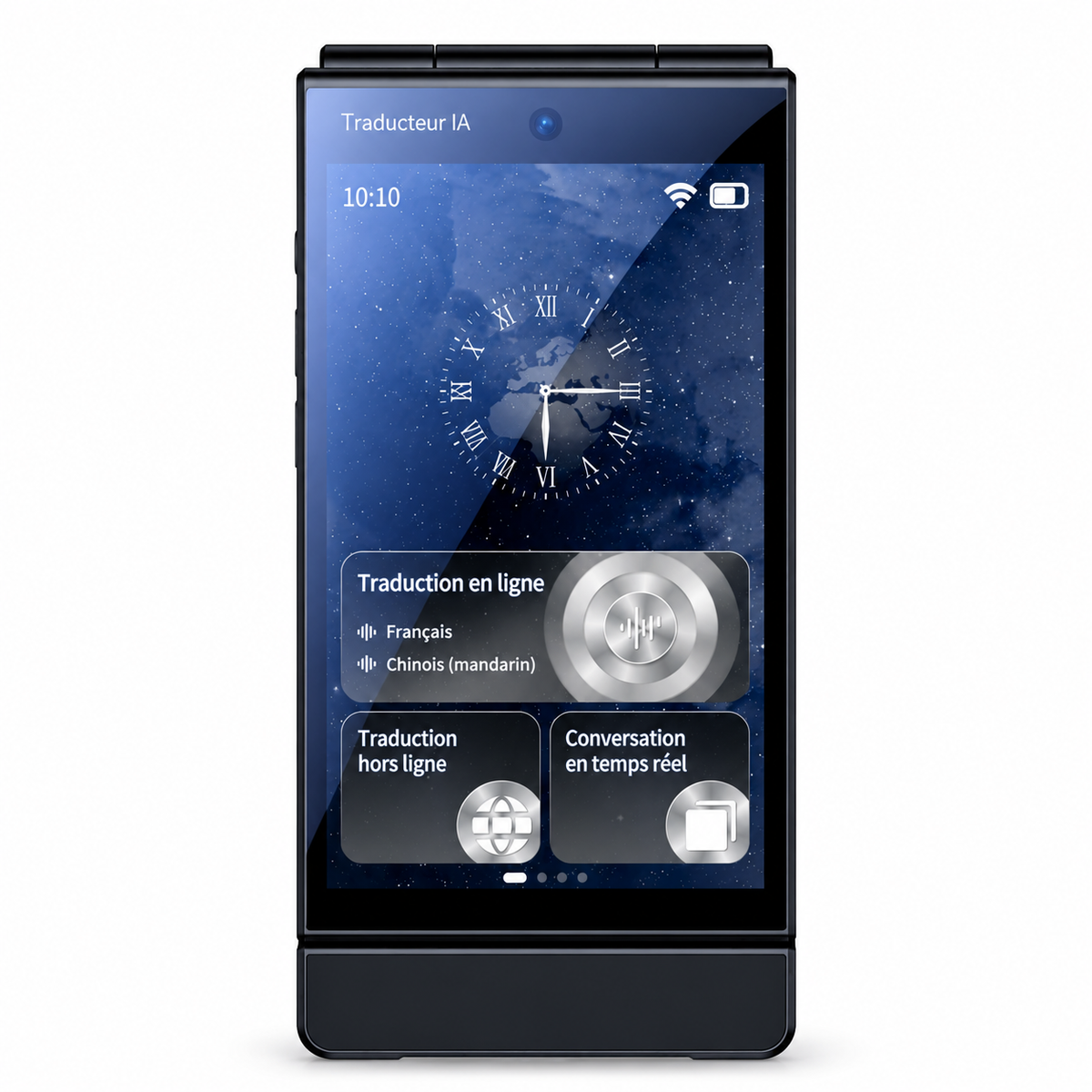 Traducteur intelligent M90 Pro VoixAI noir, vue de face avec écran tactile et fonctions de traduction