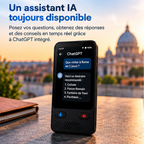 Traducteur intelligent S85 VoixAI avec assistant ChatGPT intégré, affichant des conseils de visite pour Rome.
