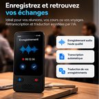 Traducteur IA S85 VoixAI avec fonction d'enregistrement audio et transcription, posé sur une table de réunion.