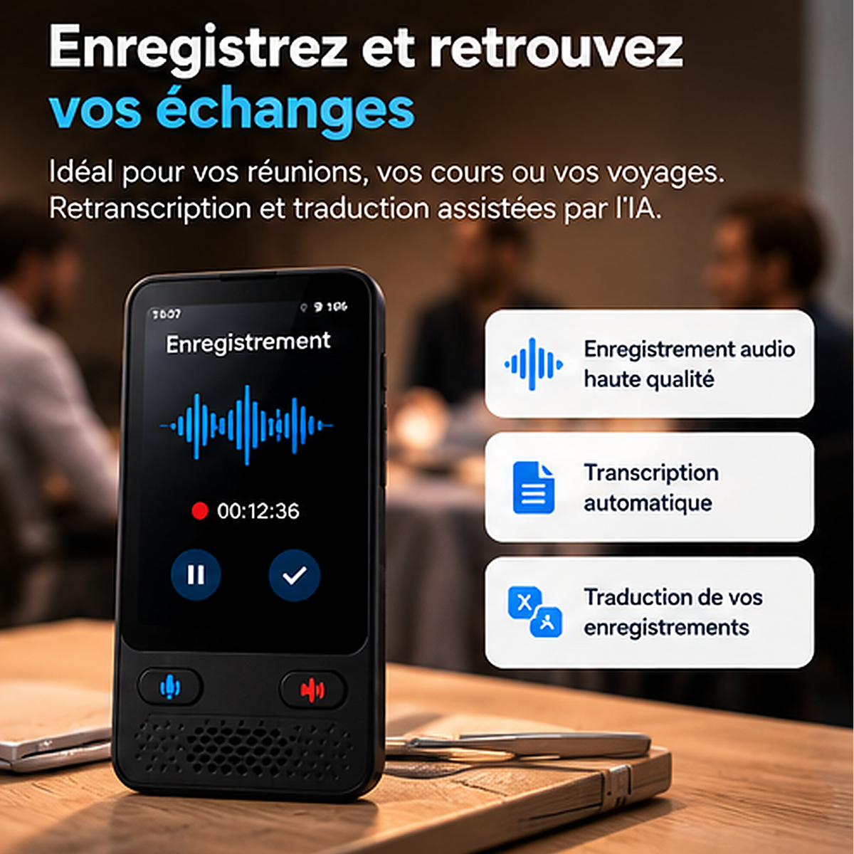 Traducteur IA S85 VoixAI avec fonction d'enregistrement audio et transcription, posé sur une table de réunion.