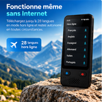 Traducteur vocal S85 VoixAI posé en montagne, affichant les langues disponibles en mode traduction hors ligne.