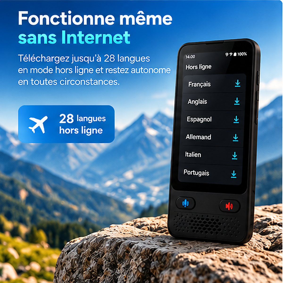 Traducteur vocal S85 VoixAI posé en montagne, affichant les langues disponibles en mode traduction hors ligne.