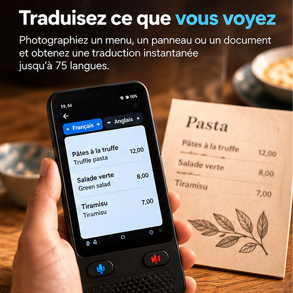 Traducteur IA S85 VoixAI affichant la traduction en français d'un menu de restaurant photographié à l'étranger.