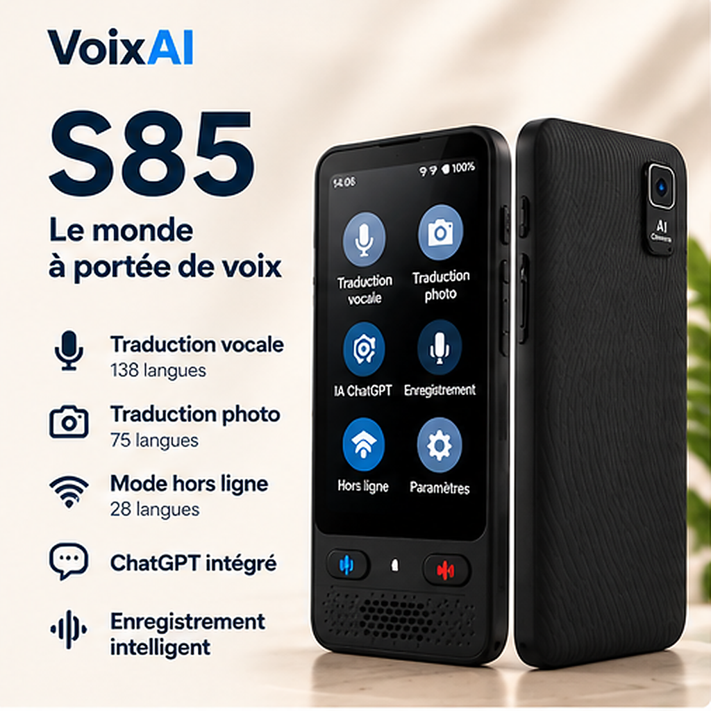 Traducteur vocal intelligent S85 VoixAI noir avec écran tactile, traduction vocale, photo et mode hors ligne.