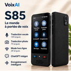 Traducteur vocal intelligent S85 VoixAI noir avec écran tactile, traduction vocale, photo et mode hors ligne.
