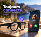 Lunettes connectées Vision G600 Pro présentées avec un smartphone affichant un appel Bluetooth